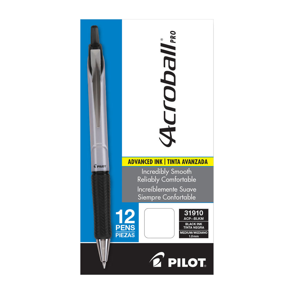 Pilot Acroball Pro Retractable Pens, Medium Point, 1.0 mm, Silver Barrel, Black Ink, Pack Of 12 Pens MPN:31910