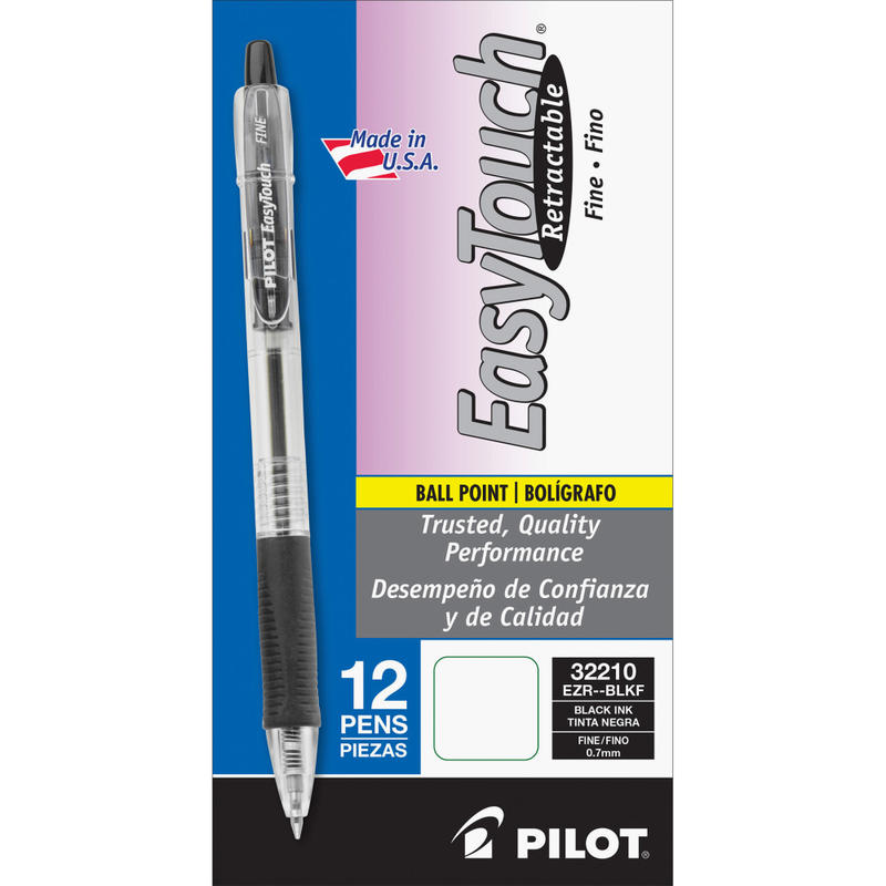Pilot EasyTouch Retractable Ballpoint Pens, Fine Point, 0.7 mm, Clear Barrel, Black Ink, Pack Of 12 MPN:32210