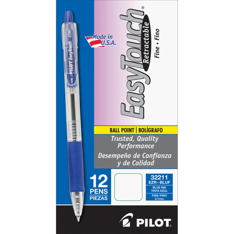 Pilot EasyTouch Retractable Ballpoint Pens, Fine Point, 0.7 mm, Clear Barrel, Blue Ink, Pack Of 12 MPN:32211