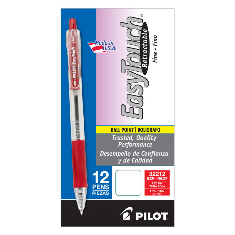 Pilot EasyTouch Retractable Ballpoint Pens, Fine Point, 0.7 mm, Clear Barrels, Red Ink, Pack Of 12 MPN:32212