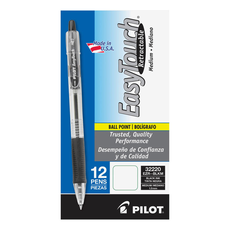 Pilot EasyTouch Retractable Ballpoint Pens, Medium Point, 1.0 mm, Clear Barrel, Black Ink, Pack Of 12 MPN:32220