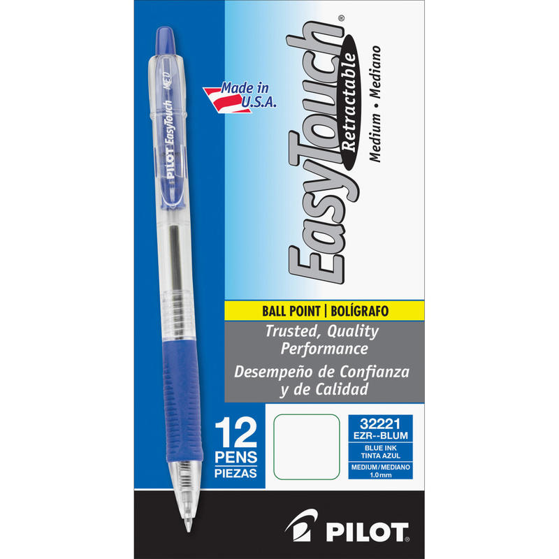 Pilot EasyTouch Retractable Ballpoint Pens, Medium Point, 1.0 mm, Clear Barrel, Blue Ink, Pack Of 12 MPN:32221