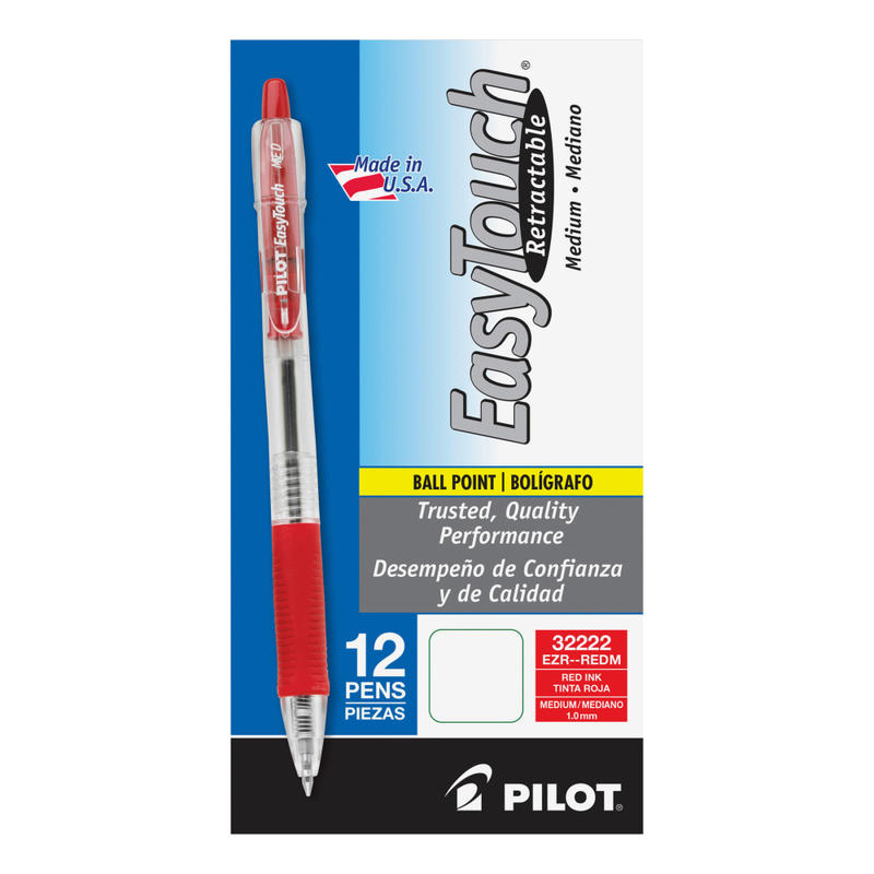 Pilot EasyTouch Retractable Ballpoint Pens, Medium Point, 1.0 mm, Clear Barrel, Red Ink, Pack Of 12 MPN:32222