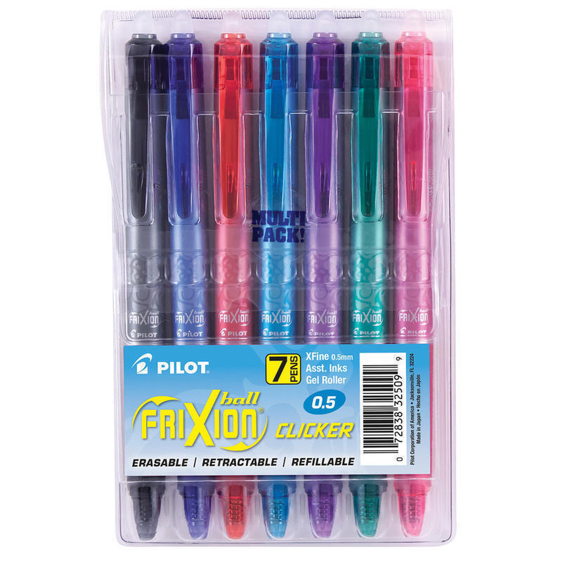 Pilot FriXion Ball Clicker Erasable Retractable Gel Pens, Pack of 7, Extra Fine Point, 0.5 mm, Assorted Barrels, Assorted Ink Colors MPN:32509