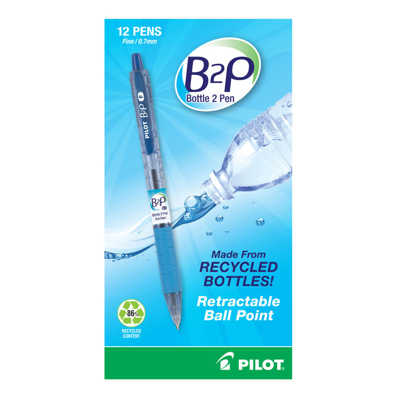 Pilot Bottle To Pen B2P Retractable Ballpoint Pens, Fine Point, 0.7 mm, Blue Ink, Pack Of 12 Pens MPN:32601