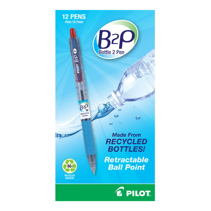 Pilot Bottle to Pen (B2P) Retractable Ballpoint Pens, Fine Point, 0.7 mm, Red Ink, Pack Of 12 Pens MPN:32602
