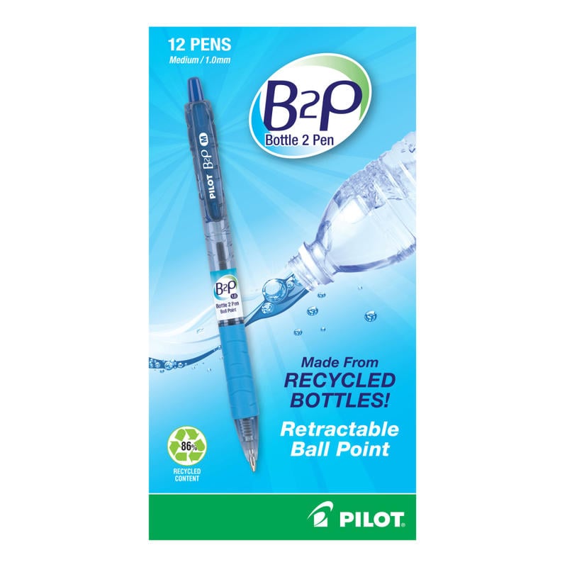 Pilot Bottle To Pen B2P BeGreen Ballpoint Pens, Medium Point, 1.0 mm, Blue Ink, Pack Of 12 Pens MPN:32801
