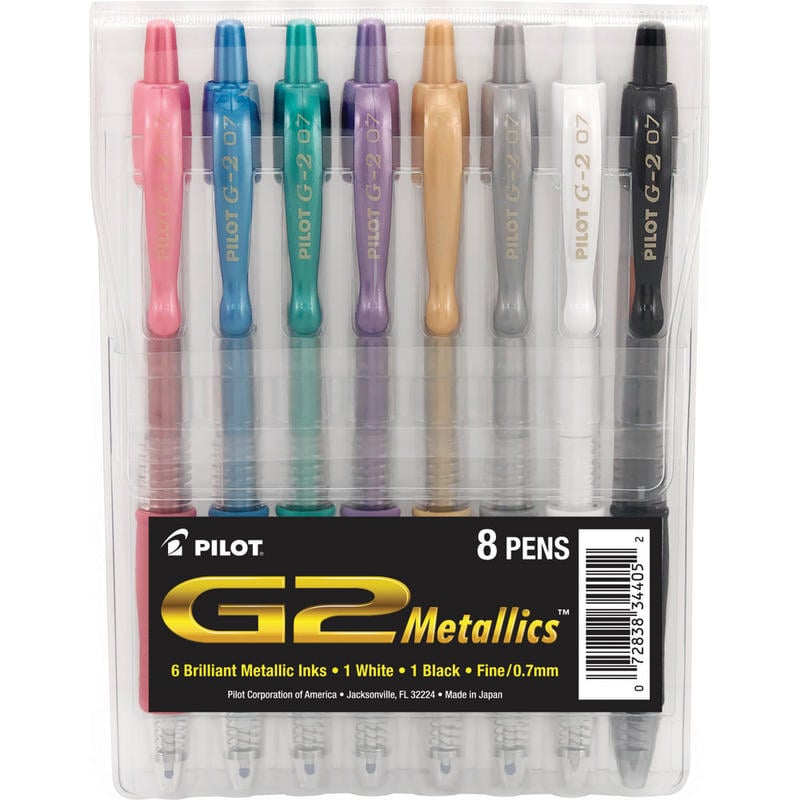 Pilot G2 Metallics Gel Pens, Fine Point, 0.7 mm, Assorted Barrel Colors, Assorted Ink Colors, Pack Of 8 Pens MPN:34405
