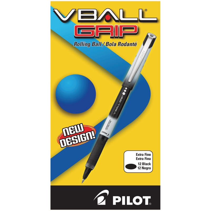 Pilot V-Ball Grip Liquid Ink Rollerball Pens, Extra Fine Point, 0.5 mm, Metallic Silver/Gray Barrel, Black Ink, Pack Of 12 Pens MPN:35470-DZ