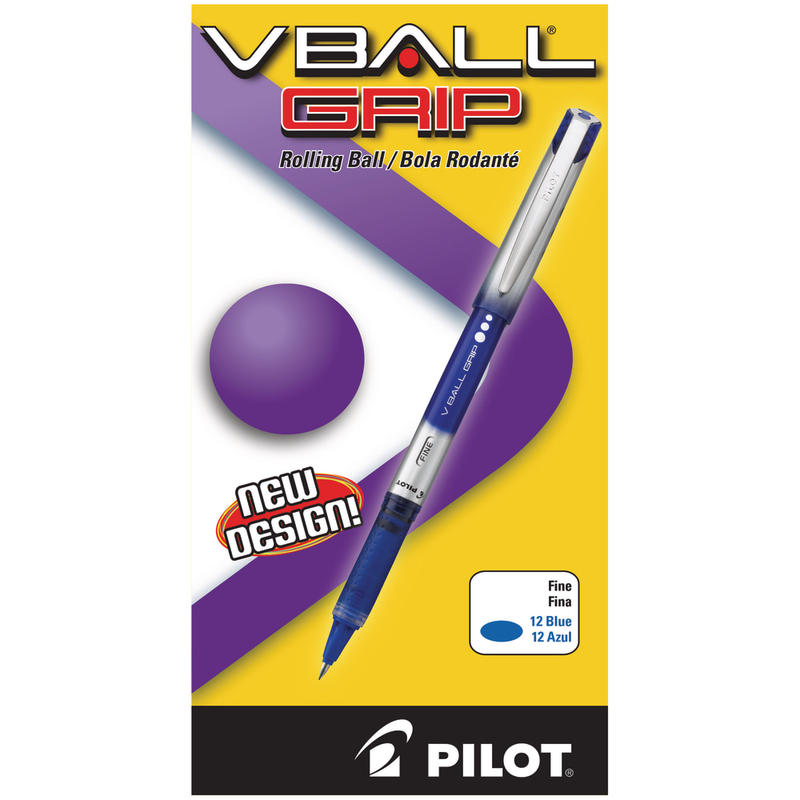 Pilot V-Ball Grip Liquid Ink Rollerball Pens, Fine Point, 0.7 mm, Metallic Silver Gray Barrel, Blue Ink, Pack Of 12 Pens MPN:35571DZ