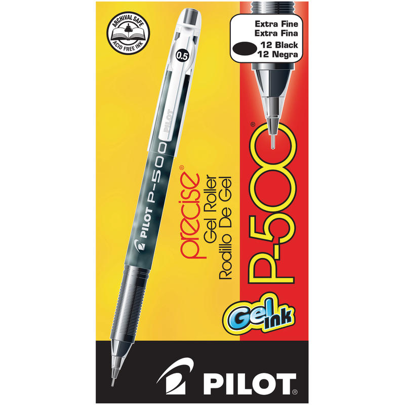 Pilot Gel Ink Rollerball Pens, P-500, Extra-Fine Point, 0.5 mm, Black Barrel, Black Ink, Pack Of 12 Pens MPN:38600
