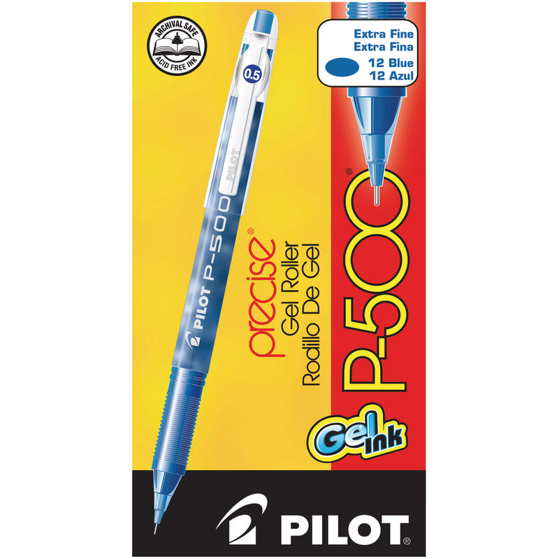 Pilot Gel Ink Rollerball Pens, P-500, Extra-Fine Point, 0.5 mm, Blue Barrel, Blue Ink, Pack Of 12 Pens MPN:38601