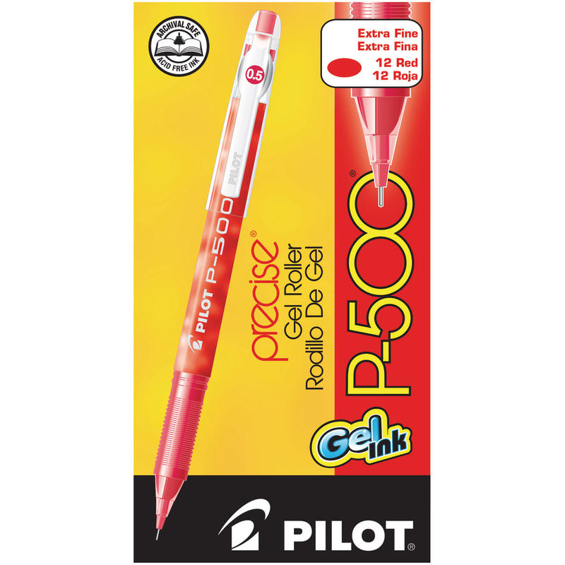 Pilot Gel Ink Rollerball Pens, P-500, Extra-Fine Point, 0.5 mm, Red Barrel, Red Ink, Pack Of 12 Pens MPN:38602