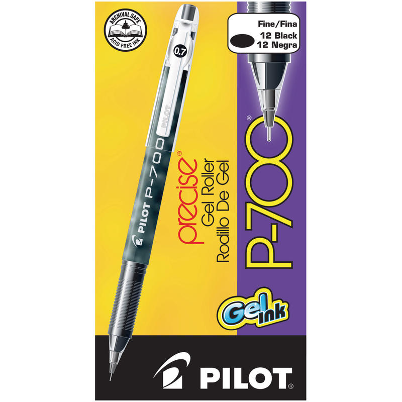 Pilot Gel Ink Rollerball Pens, P-700, Fine Point, 0.7 mm, Black Barrel, Black Ink, Pack Of 12 Pens MPN:38610
