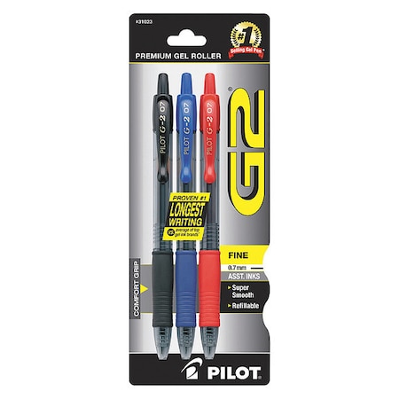 Roller Ball Gel Roller Ball Pen, Fine 0.7 mm, Black, Blue, Red PK3 MPN:PIL31023