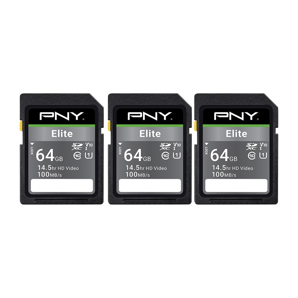 PNY Elite Class 10 U1 V10 100 Mbps SDXC Flash Memory Cards, 64GB, Pack Of 3 Memory Cards MPN:P-SD64GX3U1100EL-MP