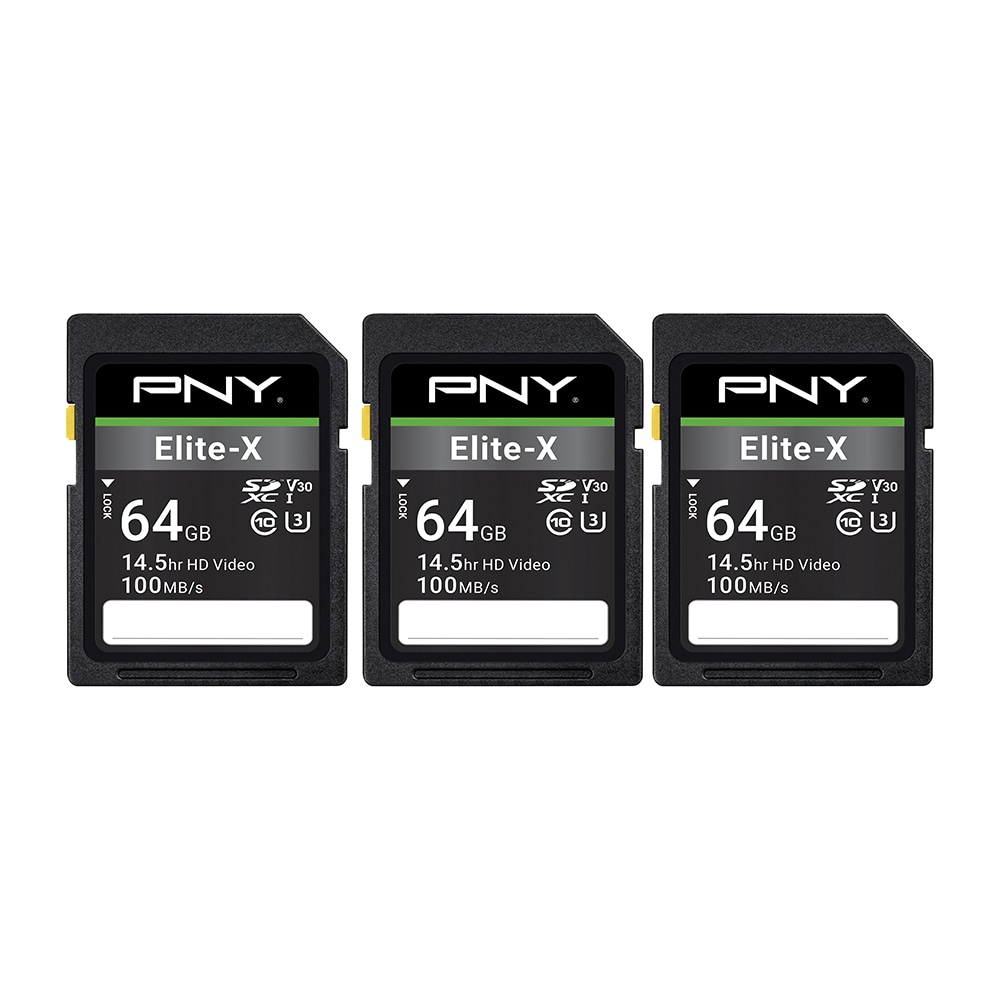 PNY Elite-X Class 10 U3 V30 100 Mbps SDXC Flash Memory Cards, 64GB, Pack Of 3 Memory Cards MPN:P-SD64GX3U3100EX-MP