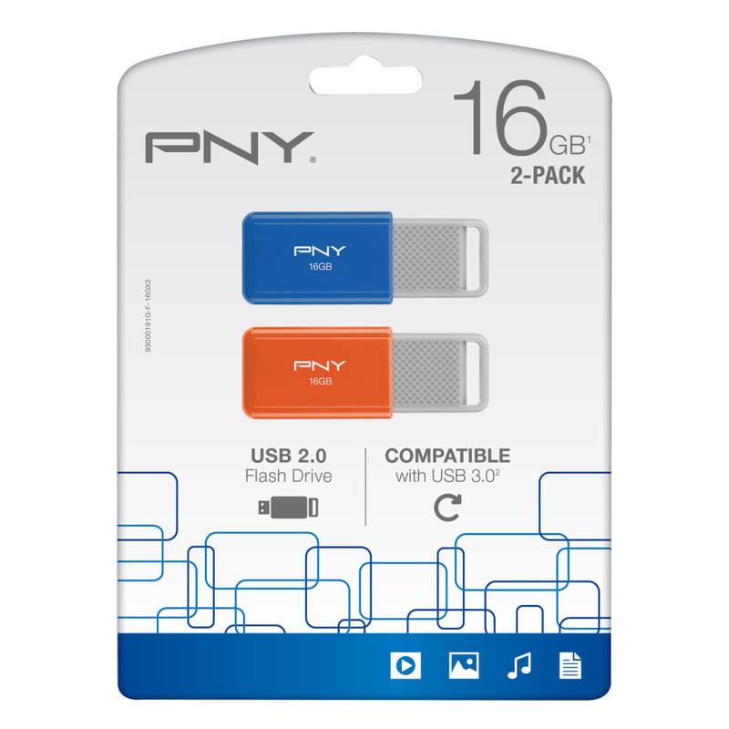 PNY USB 2.0 Flash Drives,16GB, Assorted, Pack Of 2 (Min Order Qty 6) MPN:P-FD16GX2ODM-GE