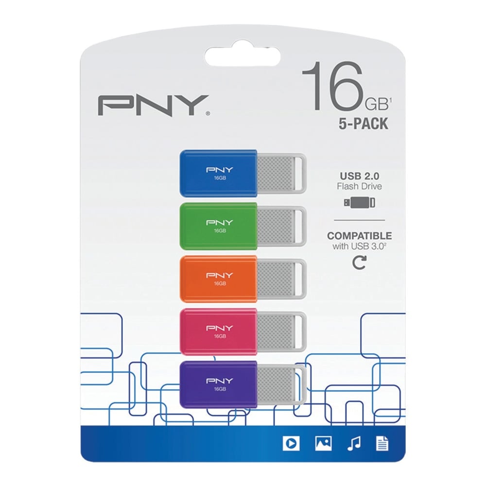 PNY USB 2.0 Flash Drives, 16GB, Assorted Colors, Pack Of 5 Flash Drives (Min Order Qty 3) MPN:P-FD16GX5ATT4-EF