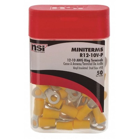 Ring Terminal, #10 Stud Size, 10 AWG, 300 V, Vinyl Insulated, Yellow, 50 PK MPN:R12-10V-P