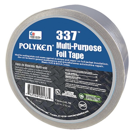 Foil Tape, Aluminum, 50-1/4 yd L, 2-7/8 in W MPN:337