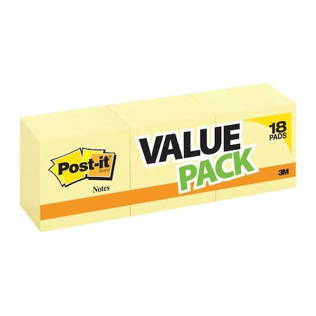Sticky Notes, 3 x 3 In, Yellow, 100 Sheets per Pad, PK18 MPN:654-14+4YW