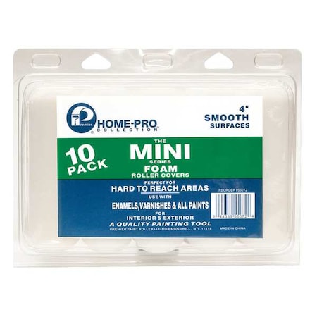 Mini Paint Roller Cover, 4 in Length, 0 in Nap Size, Foam, Home Pro, Mini, 10 PK MPN:55072