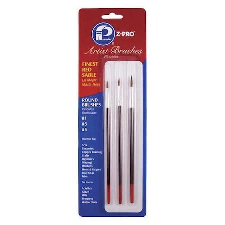 #1, #3, #5 Artist Red Sable Bristle, Paint Brush Set, Wood Handle, 12 PK MPN:AR10103
