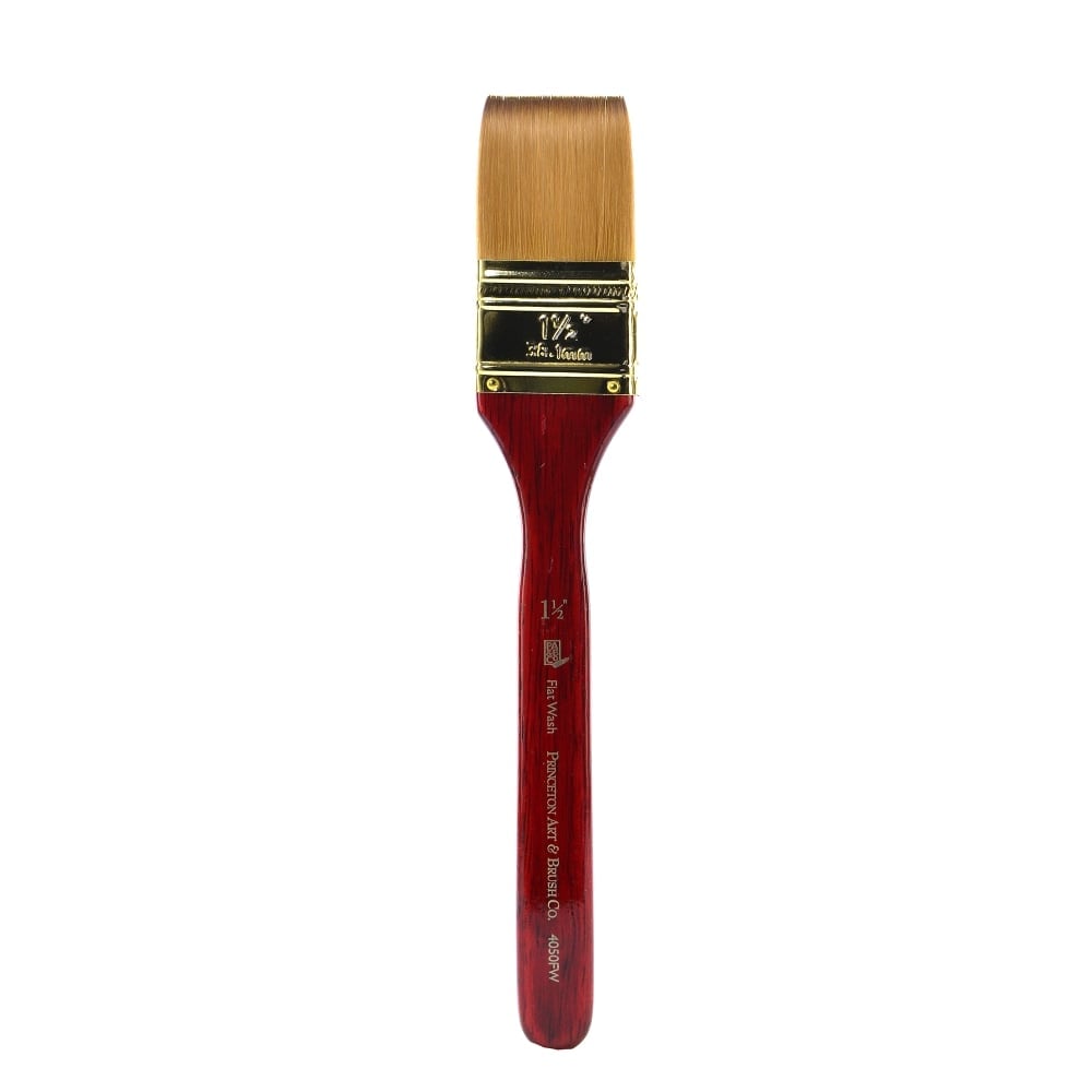 Princeton Series 4050 Heritage Synthetic Sable Watercolor Short-Handle Paint Brush, 1 1/2in, Flat Wash Bristle, Sable Hair, Red MPN:4050FW-150
