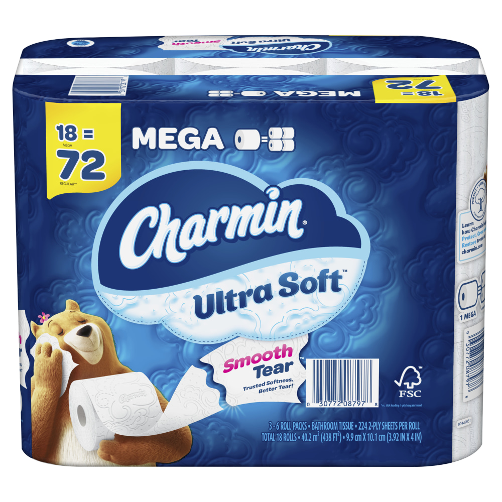 Charmin Ultra Soft 2-Ply Mega Roll Toilet Paper, 4in x 4in, White, 224 Sheets Per Roll, Pack Of 18 Rolls MPN:3077208797