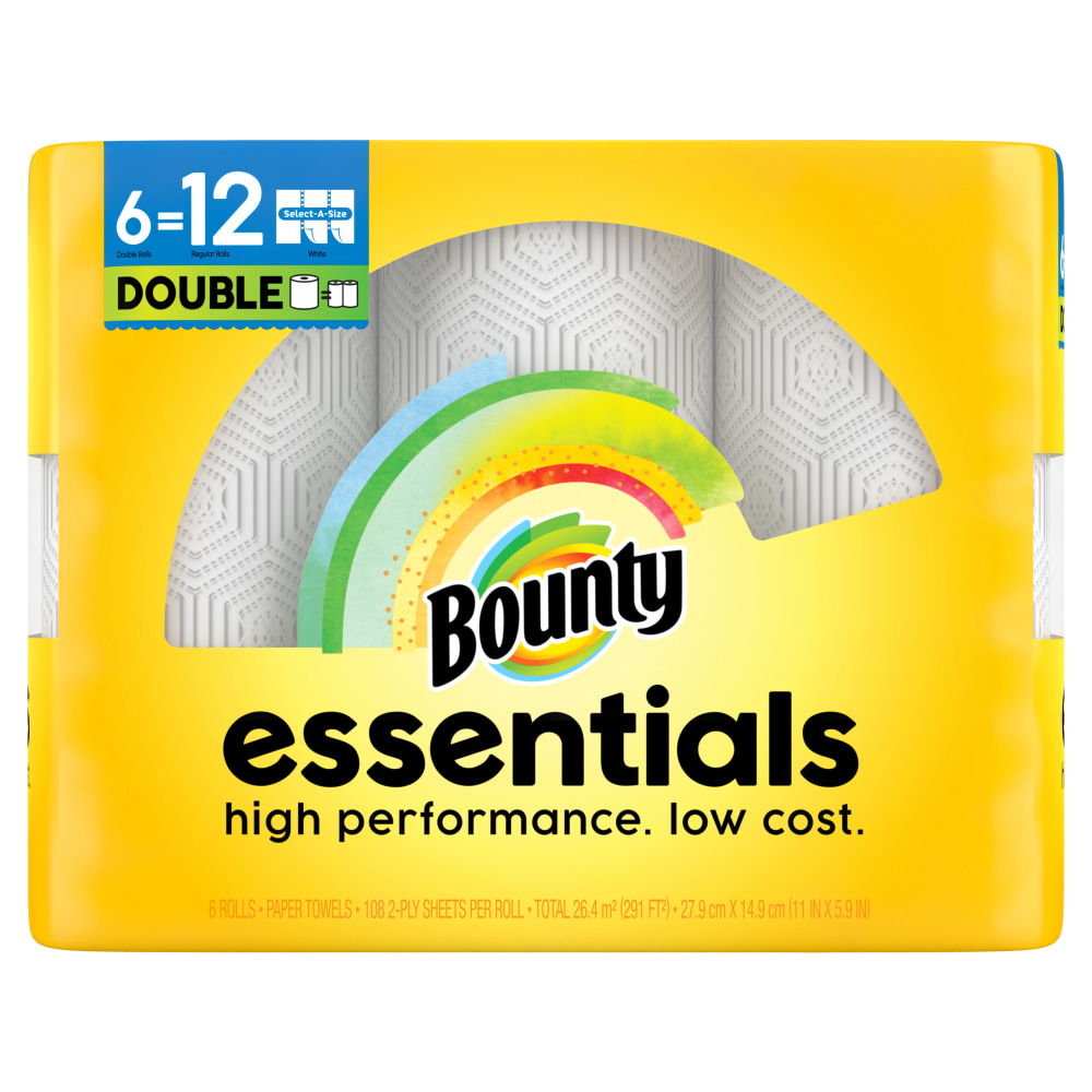 Bounty Essentials Select-A-Size Paper Towels, 6 Double Rolls Total/108 Sheets Per Roll, White MPN:3077211095