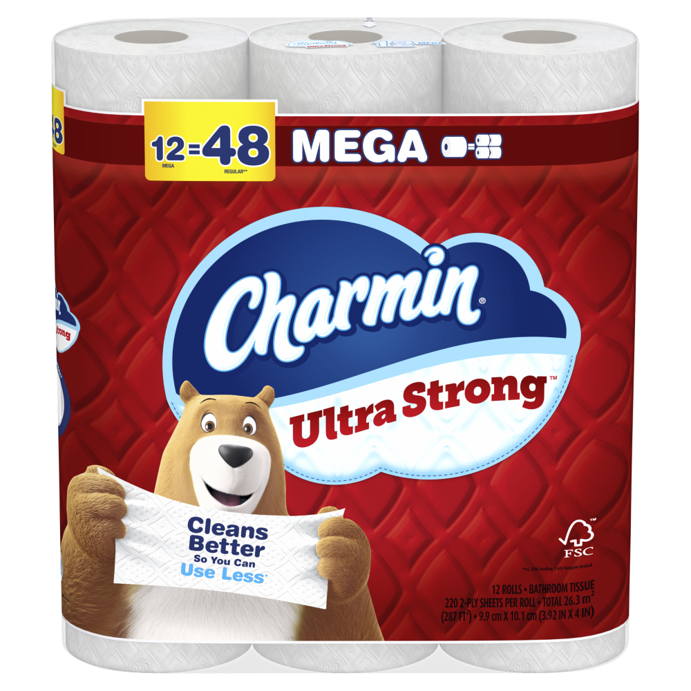 Charmin Ultra Strong Toilet Paper Mega Rolls, 4in x 3-15/16in, White, 220 Sheets Per Roll, Pack Of 12 Mega Rolls MPN:30772132173