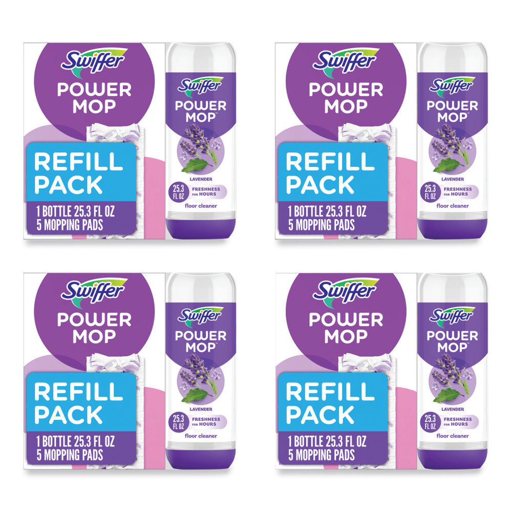 Swiffer PowerMop Cleaning Solution and Pads Refill Pack, Lavender, 25.3 oz Bottle and 5 Pads per Pack, 4 Packs/Carton MPN:80734047