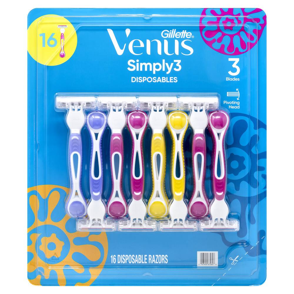 Venus Simply3 Disposables, Assorted Colors, Pack Of 16 Razors MPN:047400677944