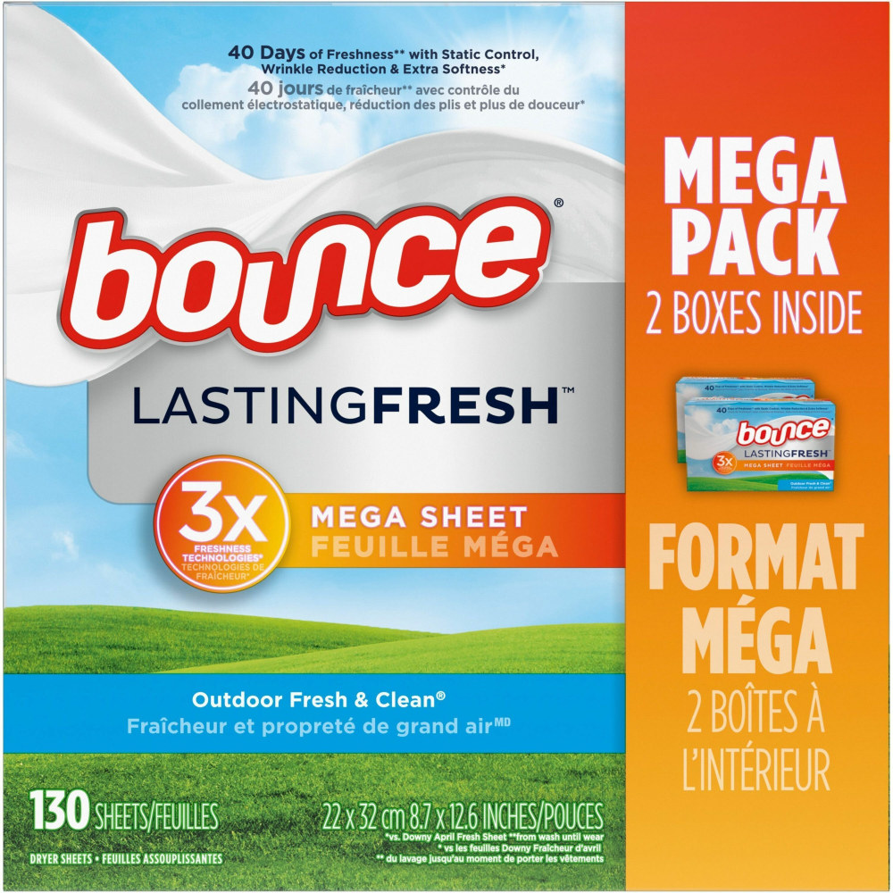 Bounce Mega Dryer Sheets - Sheet - Outdoor Fresh Scent - 65 / Box - 2 / Pack - White MPN:05151