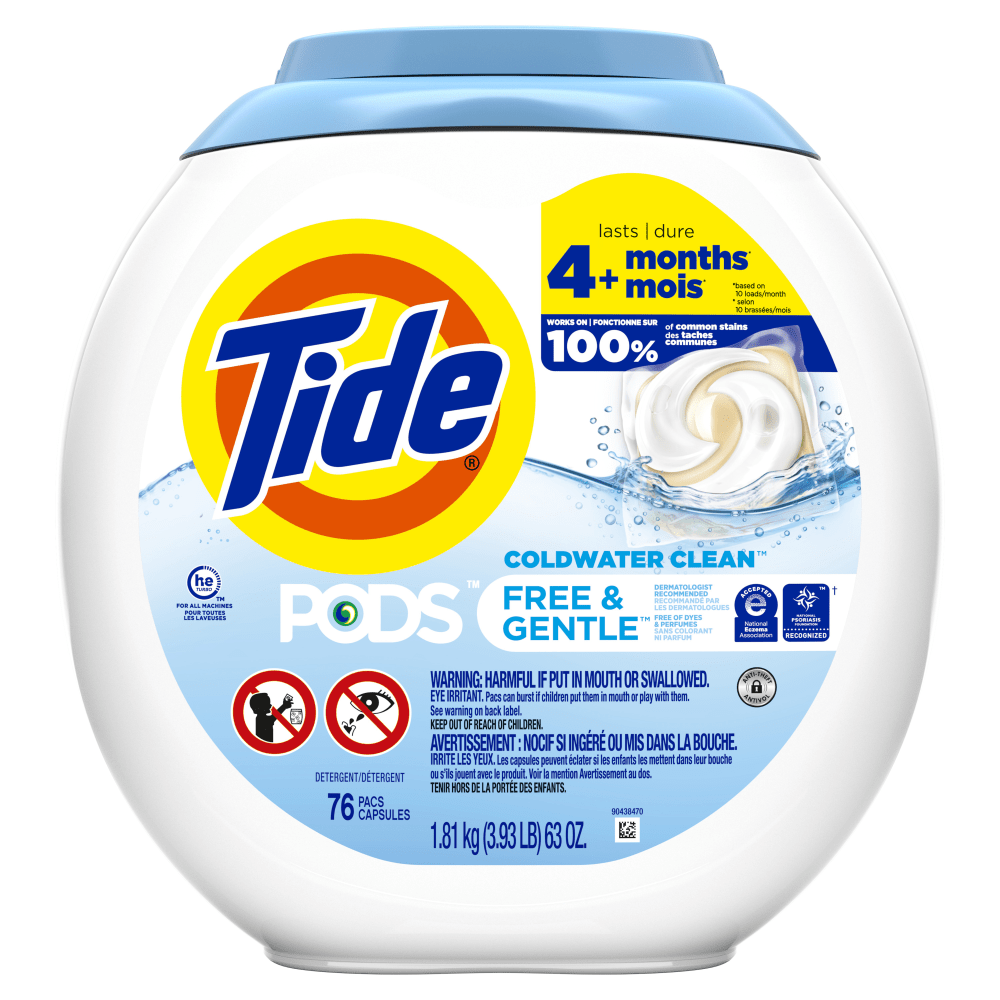 Tide PODS Liquid Laundry Detergent Pacs, Free & Gentle, 63 Oz, Pack Of 76 Pods MPN:3077209488