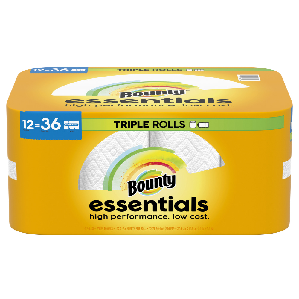Bounty Paper Towels Essentials 2-Ply Select-A-Size Triple Rolls, 12 Rolls Total/162 Sheets Per Roll, White MPN:10030772166806