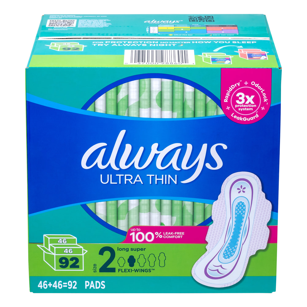 Always Ultra Thin Long Super Pads, Size 2, Box Of 92 Pads MPN:037000988601