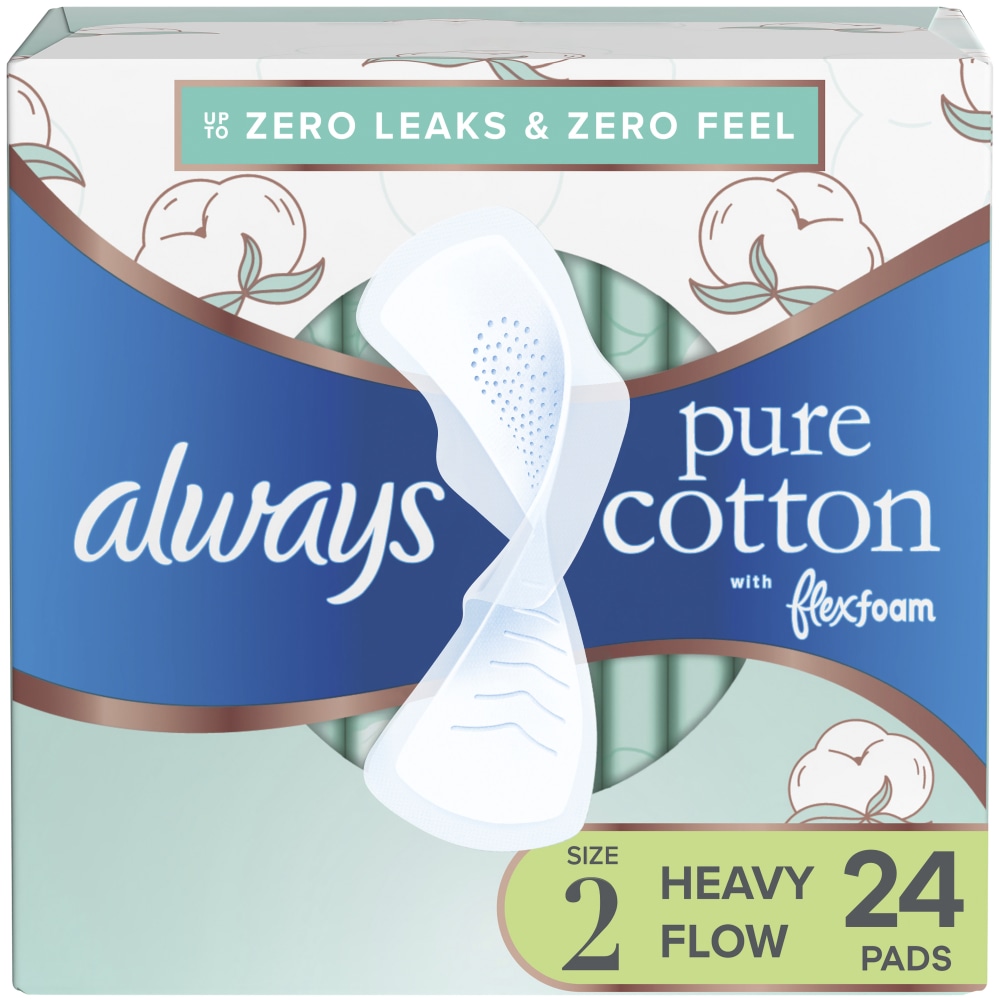 Always Pure Cotton Feminine Pads For Women With Wings, Size 2, Heavy, Unscented, 24 Pads Per Pack, Case Of 3 Packs MPN:3700087979