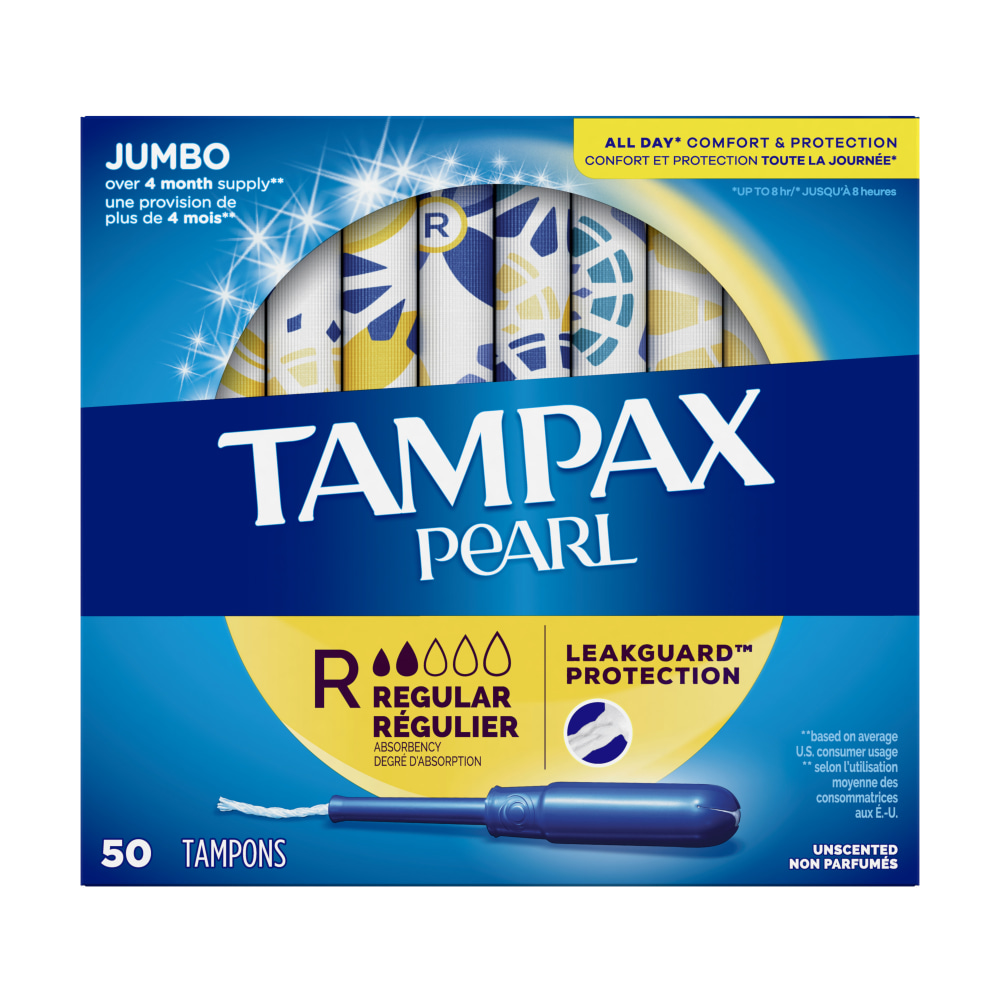 Tampax Pearl Tampons With LeakGuard Braid, Regular Absorbency, Unscented, 50 Tampons Per Box, Case Of 8 Boxes MPN:7301071898