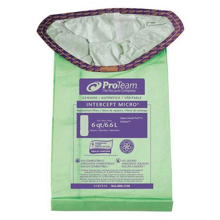 Intercept Micro Filter Bag, Open Collar, Fits ProTeam Backpack Vacuums, Triangular 6 qt. (10 pk.) MPN:107314