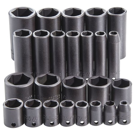 Impact Socket Set, 3/8 in Drive Size, SAE, Black Oxide, 25-Piece MPN:J72125