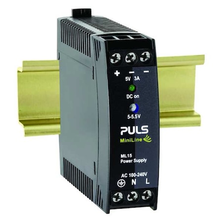 DC Power Supply, 100/240V AC, 5/5.5V DC, 15 W, 3 A, DIN Rail MPN:ML15.051