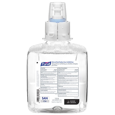 Hand Sanitizer, CS6 Series, Foam, Cartridge, 1, 200 mL, Requires Dispenser, 6520-01, 2 PK MPN:6551-02