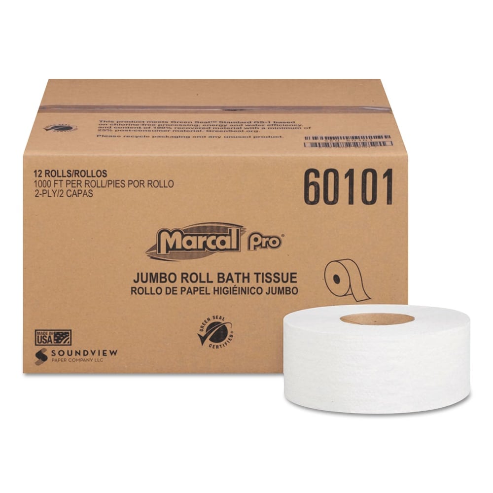Marcal PRO Bathroom Tissue, Septic Safe, 2-Ply, White, 3.3in x 1, 000 ft, 12 Rolls/Carton MPN:60101