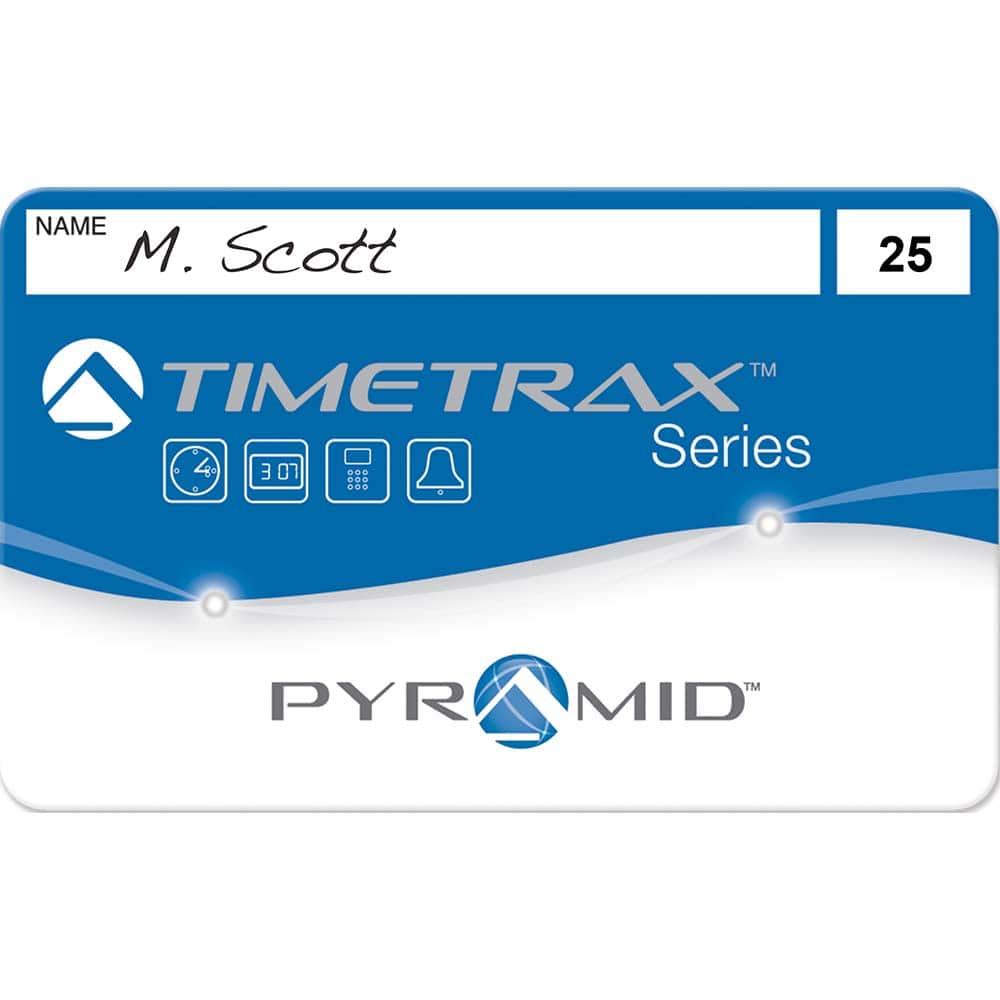 Pyramid Time Systems employee swipe cards numbered 1-25 for Pyramid Time Systems TimeTrax TTEZ, TTEZEK, PSDLAUBKK, TTPRO, TTMOBILE, FASTTIME 8000 and FASTIME 9000 Time Clock Systems. This is a Standard Magnetic Swipe Card and MPN:41302