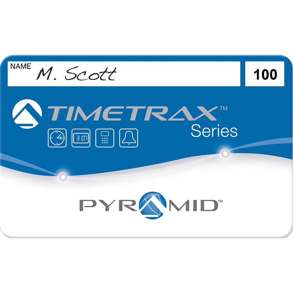 Use with Pyramid Time Systems TTEZ, TTEZEK, PSDLAUBKK, TTPRO, TTMOBILE, FASTTIME 8000 & 9000 Time Clock Systems. Quickly record employee arrival times, breaks, lunches or departure times with TimeTrax Swipe Cards.  Employees MPN:41304