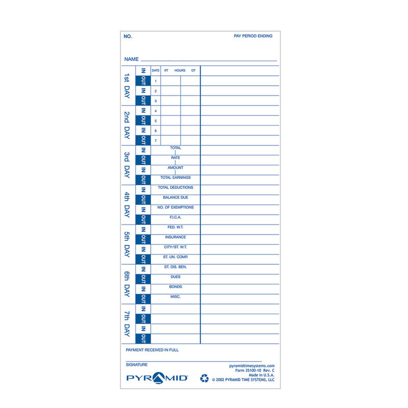 Pyramid Time Systems, 35100-10, Genuine and Authentic pack of 100 Time Cards, Use with Pyramid Side Loading Time Clocks, Models 3500, 3600SS and 3700 (Min Order Qty 10) MPN:331-11