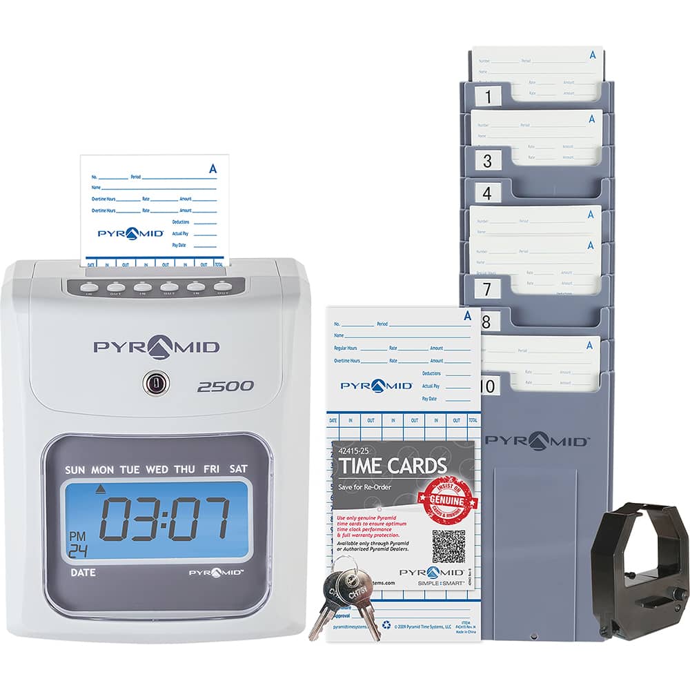 The 2500 time clock bundle has everything you need to start tracking employee time and attendance, including the 2500 time clock, 100 time cards, one ink ribbon cartridge, one 10-slot time card rack and two security keys. The time MPN:2500