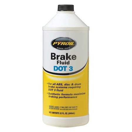 Brake Fluid, Bottle, 1 qt, Disc Brakes/Drum Brakes, DOT 3, Glycol, Amber MPN:PYBF32